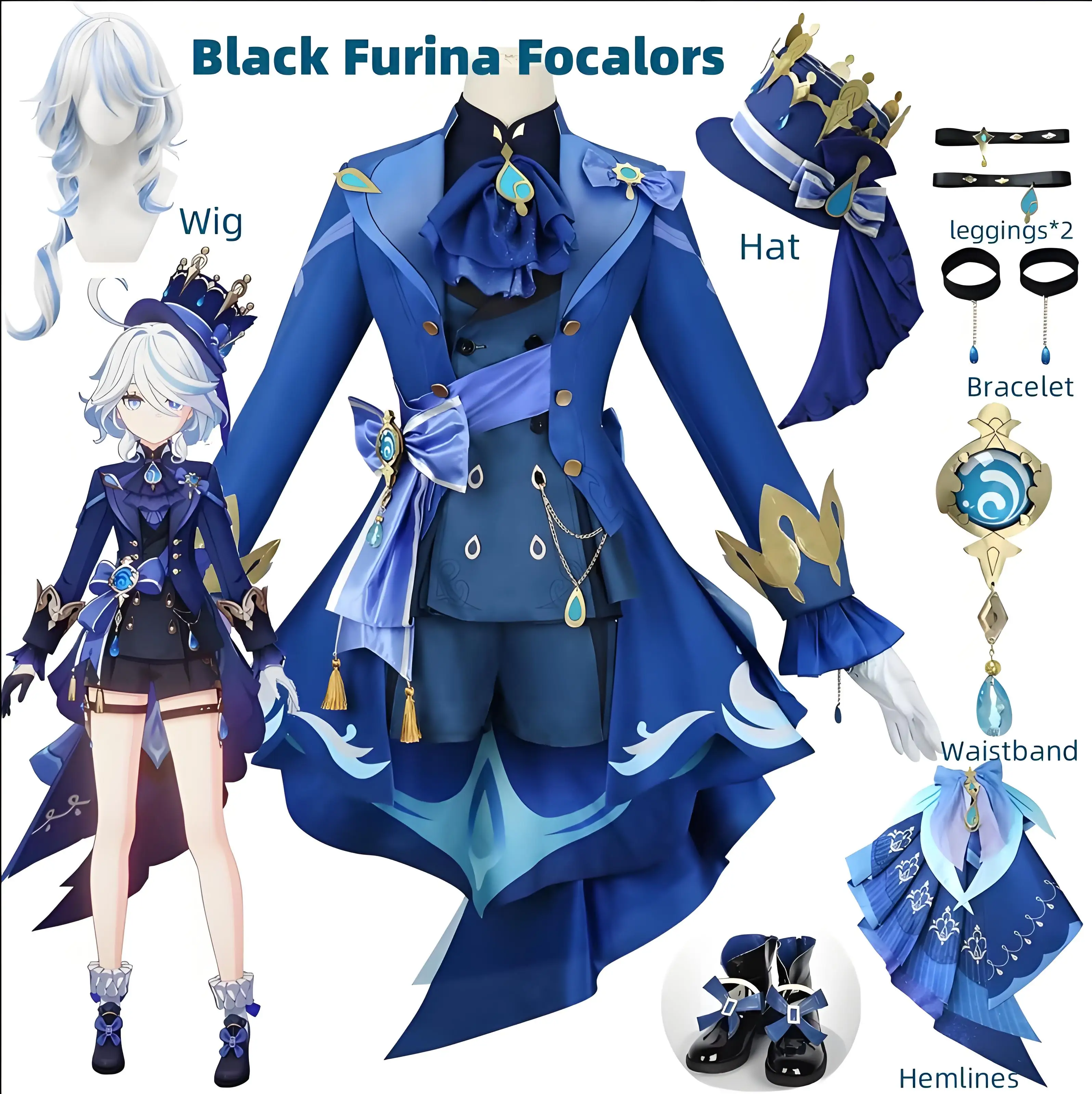 

Furina Cosplay Costume Wig Hair Impact Fontaine Focalors with Hat Black Suits for Women Halloween Party Dress Up