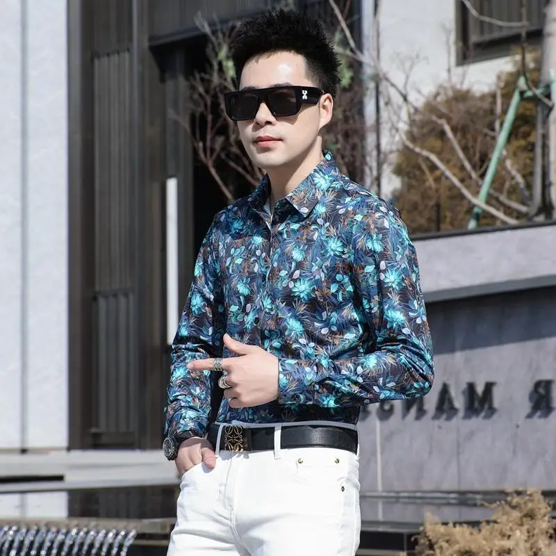 

Blue Long Sve Slim Fit Floral Print Men's irt Spring Autumn Trendy Brand Youth Casual Wear Iron Free Stand Thin