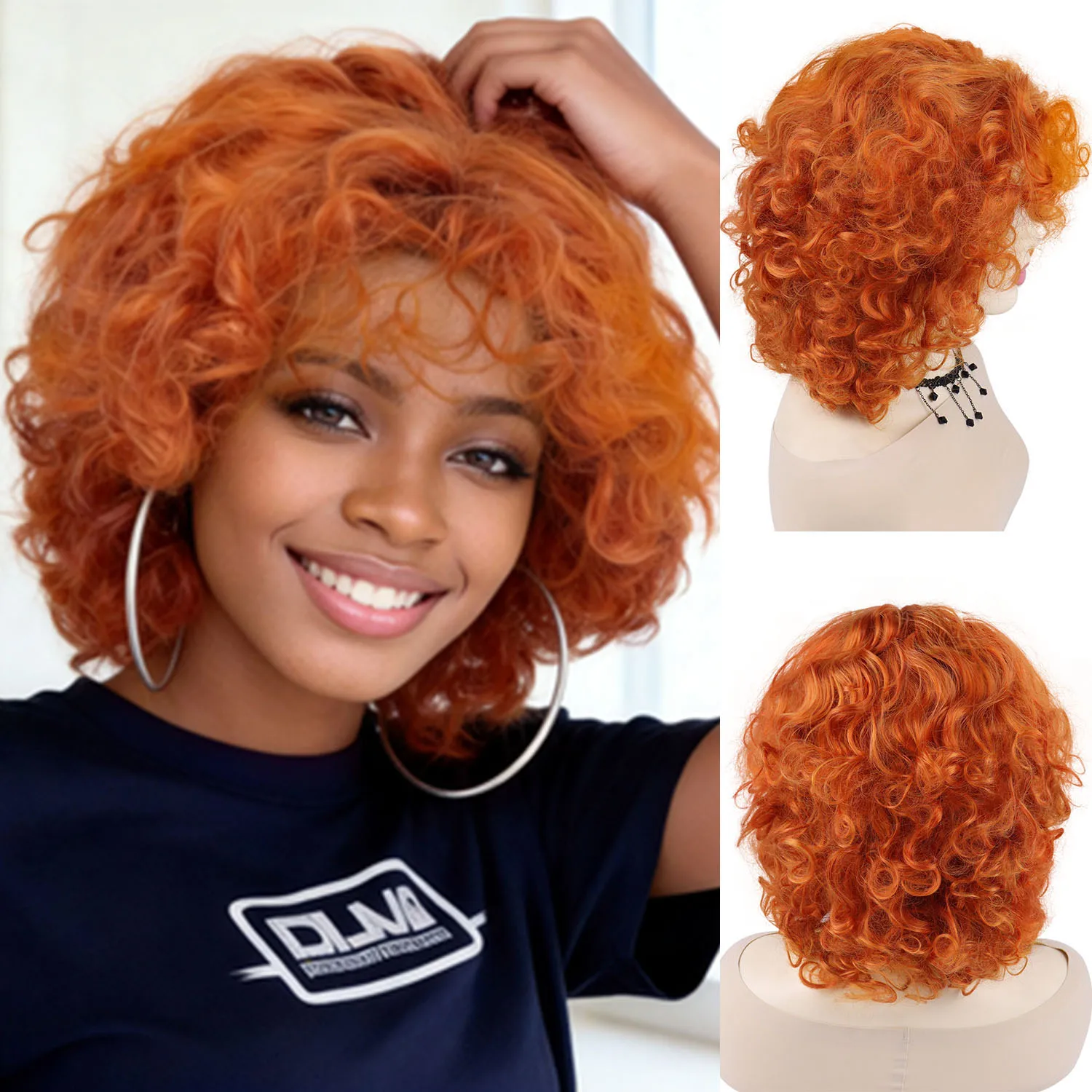 

Оранжевый афро вьющийся парик из синтетических волос для чернокожих женщин, короткие надувные парики, повседневный косплей, костюм для вечеринки, высокотемпературное волокно