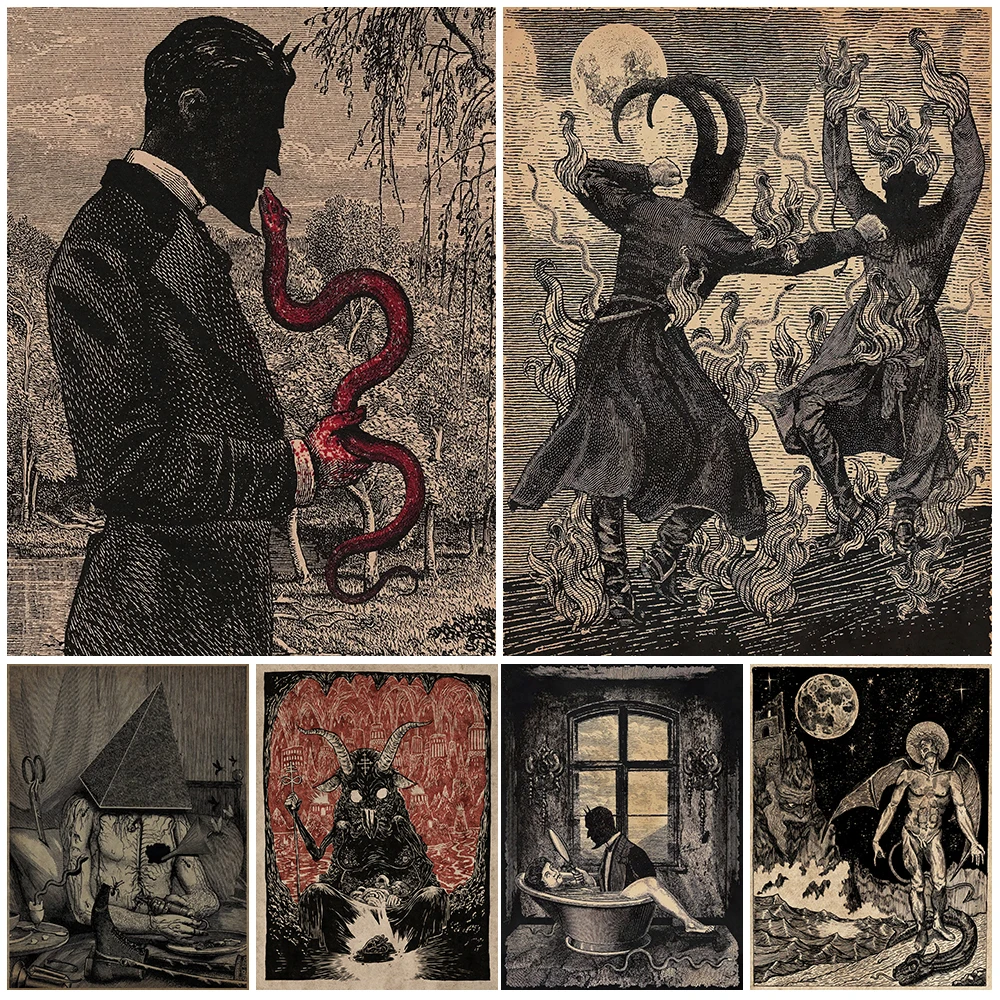 

Satan And Servants Vintage Wall Art Canvas Painting Demon Steward Mysterious Dark Witchcraft Poster And Print Home Decoration