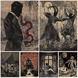 Satan And Servants Vintage Wall Art Canvas Painting Demon Steward Mysterious Dark Witchcraft Poster And Print Home Decoration