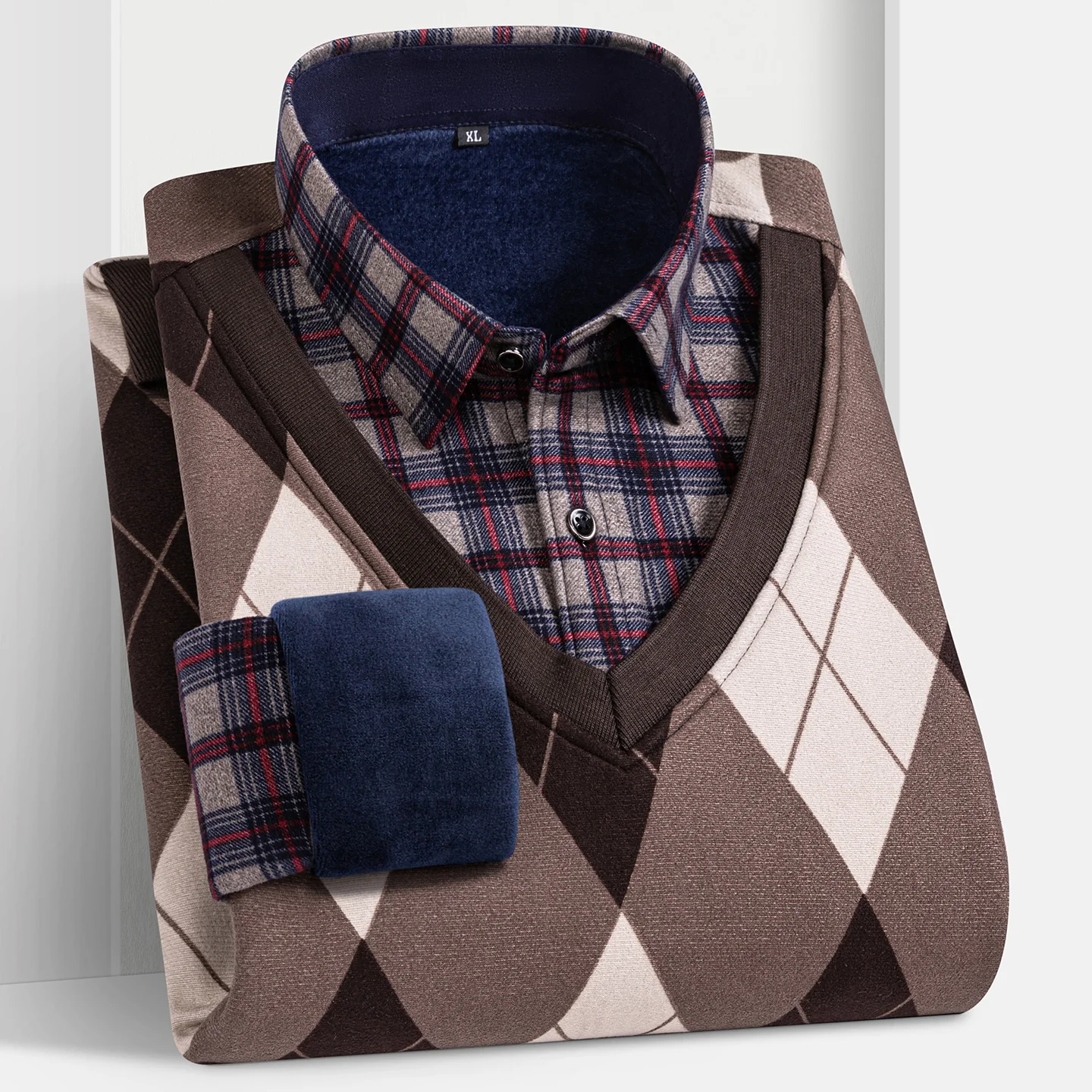 New men's long-sleeved button-down shirt - two-piece faux fur coat for warmth. Anti-wrinkle, casual and comfortable for winter.