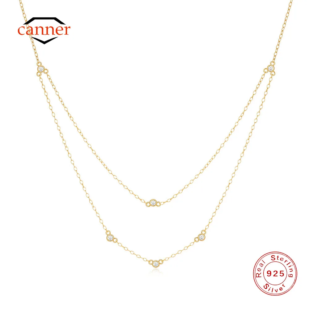 CANNER 925 Sterling Silver Double Layered Superimposition Zircon Necklace For Women 18K Gold Ins Necklace Fine Jewelry Gift