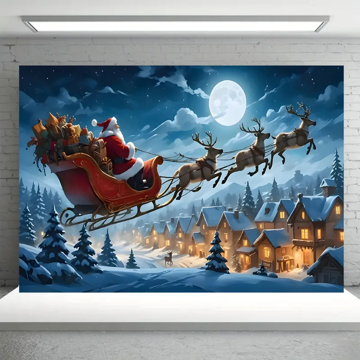 1 pancarta navideña de fondo súper grande, escena de pueblo nevado de renos y trineo de Papá Noel, tela de poliéster duradera, sin electricidad
