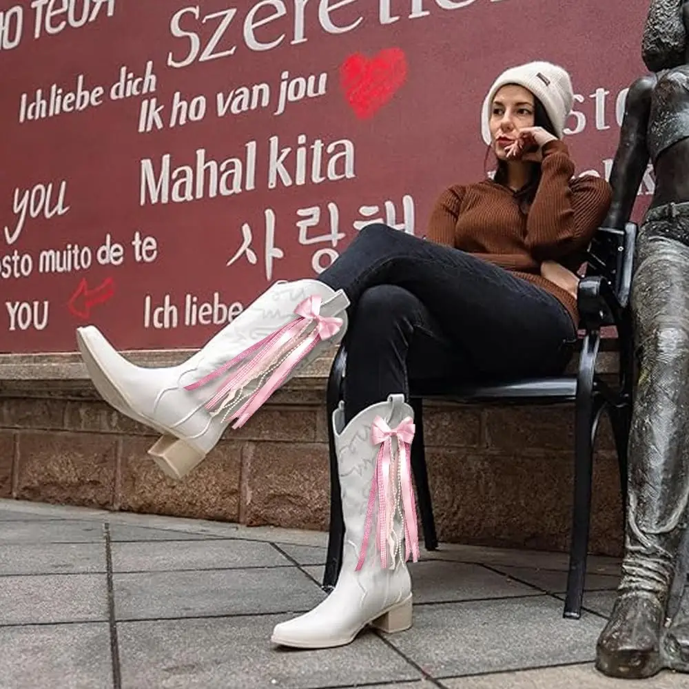 2 Lazos Rosados para Botas Martin, Accesorios Coquette para Botas Vaqueras con Borlas de Perlas y Encaje, Lazos Desmontables para Botas
