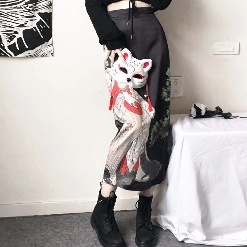 

Black Skirt Women Japanese Midi Side-slit Fashion Harajuku A-line Summer Baggy Y2k Skirts High Waist Streetwear All-match Ins