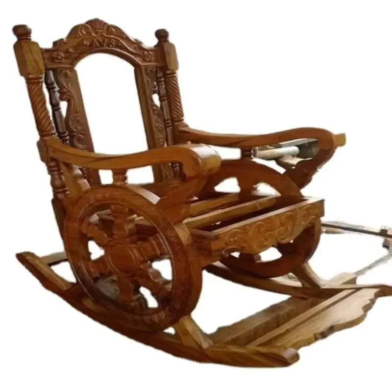 Solid teak antique style rocking chair, solid wood retro style European maharaja style, contemporary design recliner