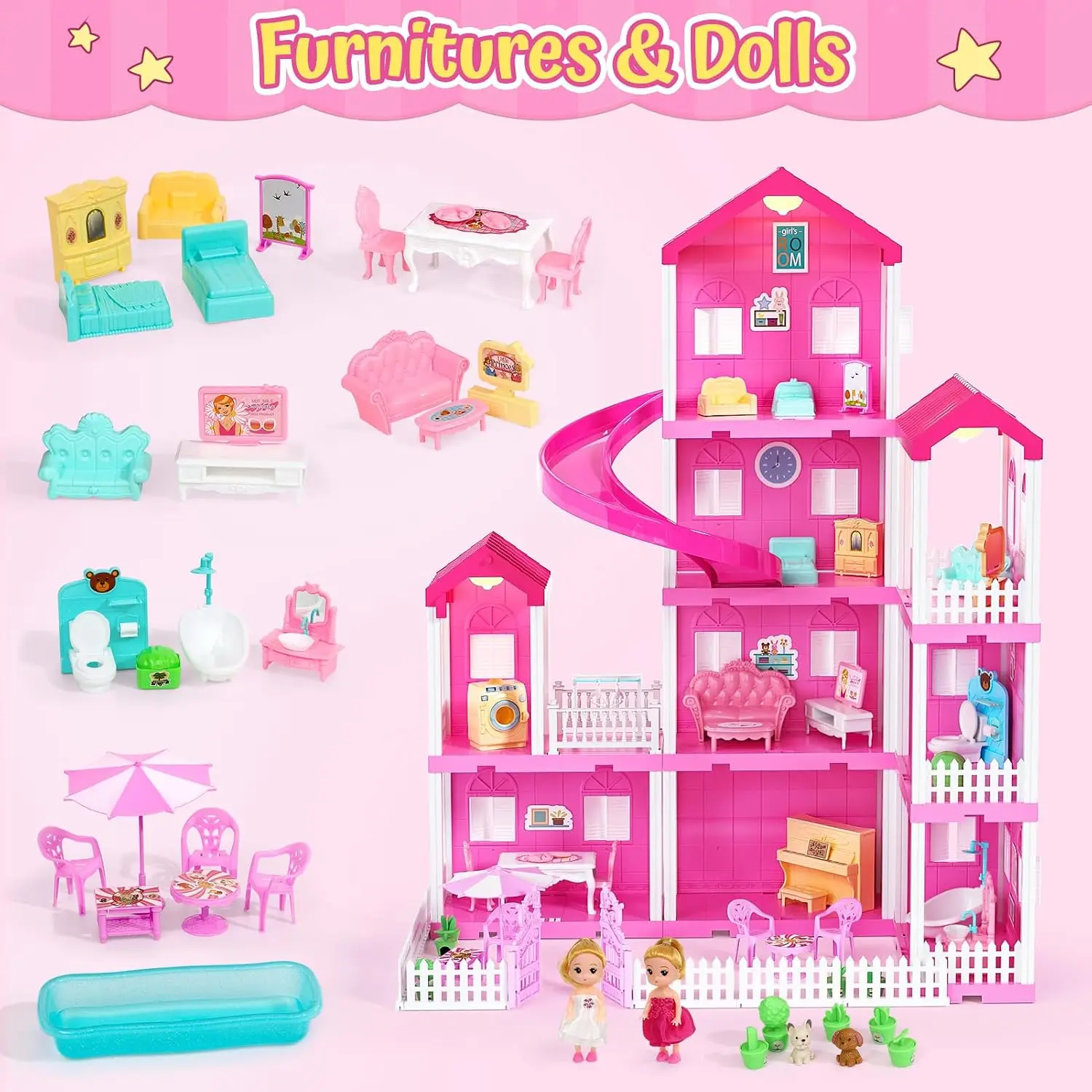 Dollhouse with 4 Stories, Pool and Slide, Includes Toy Figures, Pet Dogs, Furniture and Accessories