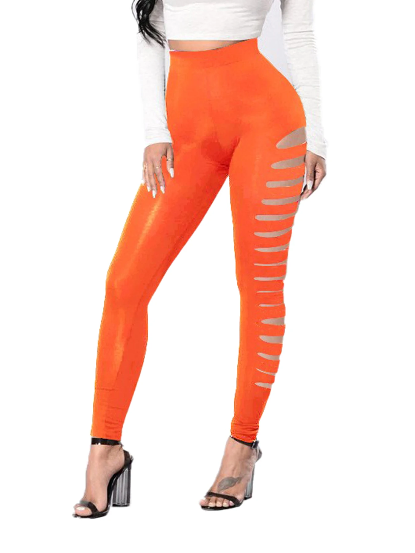 New Spring And Autumn Women Fashion Orange Side Hole Nine Quarter Pants Tight Leggings Women Elastic Side Hole Orange Leggings