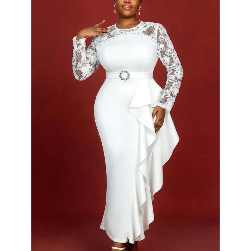 

Customized White Long Bodycon Dresses Sheer Lace Patchwork Long Sleeves Ruffles Beading Wedding Guest Party Birthday Date Out El
