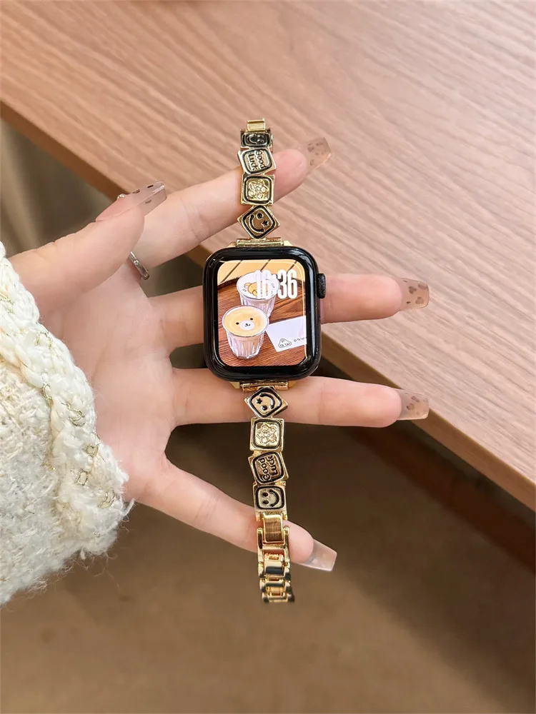 

Compatible with iWatch strap 38mm 40mm 41mm 42mm 44mm 45mm 49mm smiley face metal fashion strap