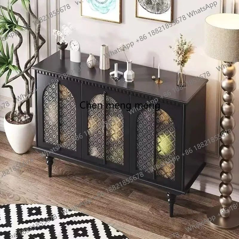 French entrance cabinet retro solid wood storage decorative glass door with sensor light living room dining side cabinet