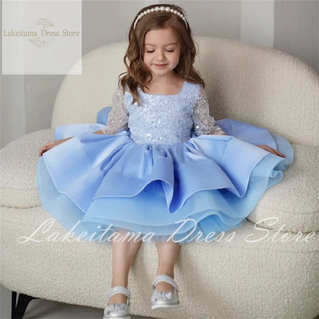 Flower Girl Dresses Satin Tulle Puffy Sequin With Bow Half Sleeve For Wedding Birthday Banquet First Communion Gowns