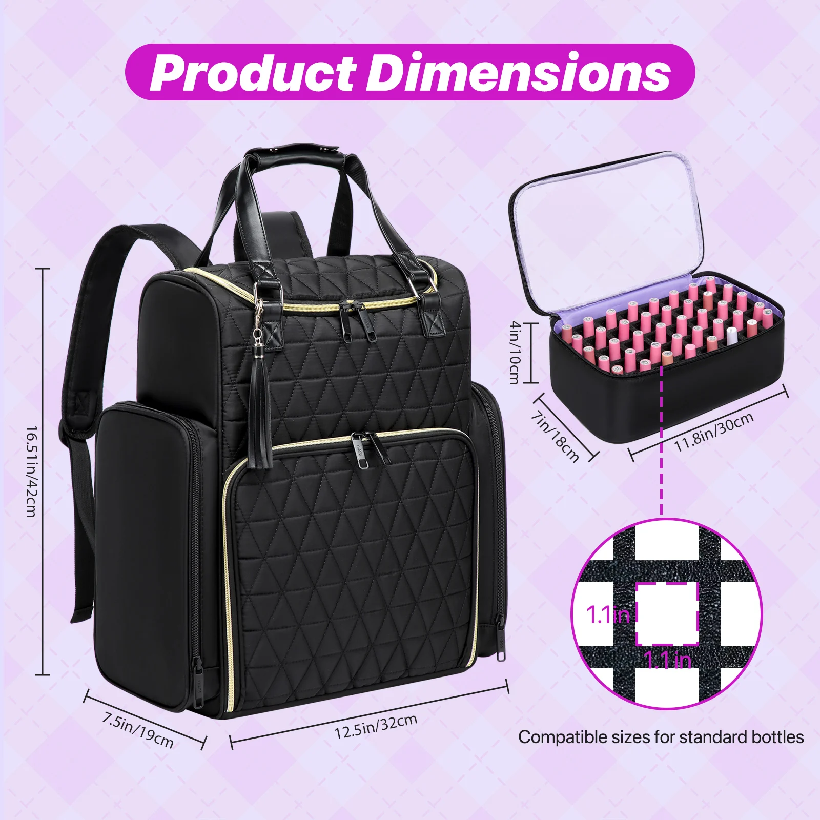 Sac à Dos Multi-Espacement pour Verhéritage à Ongles, Bouteille, Tondeuse, Sac à Outils, Voyage, Transport pour Accessoires de Nail Art, Contient des Sacs, 30 +