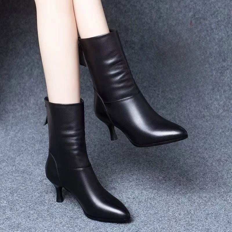 Pointed Toe Ladies Mid Calf Shoes Leather Women's Half High Boots New In Comfortable and Elegant Gyaru Boot on Promotion Work Pu