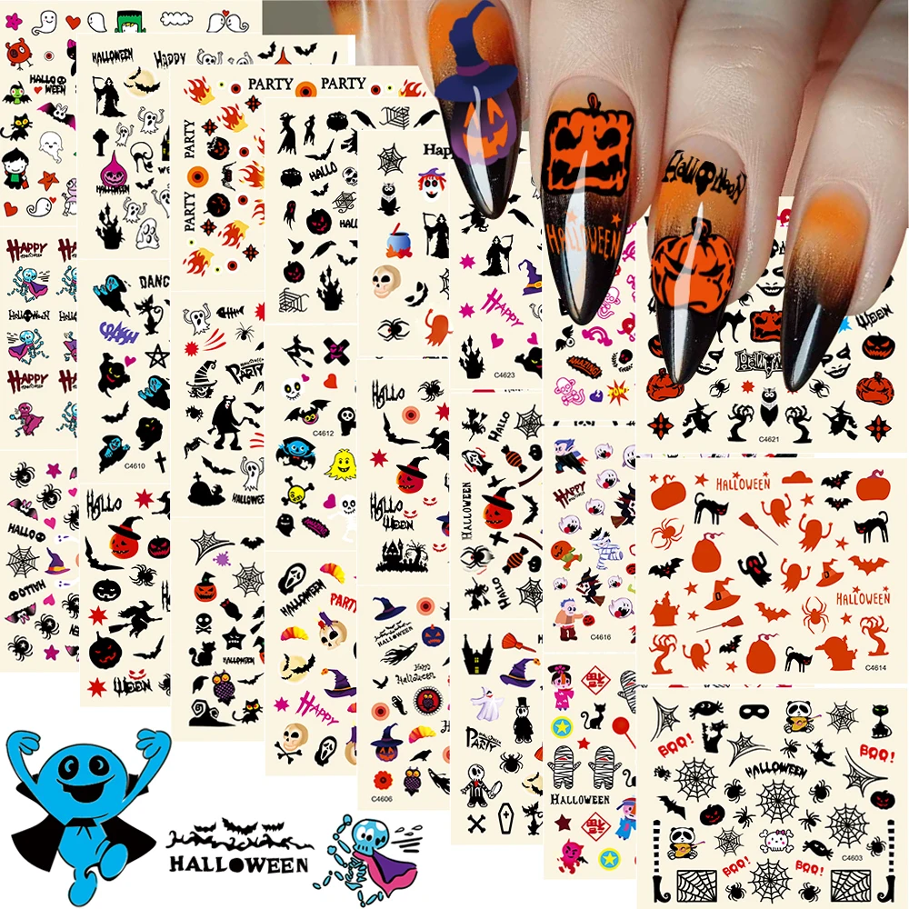 

24pcs Cute Little Devil Skul Ghost Nail Sticker 3D Bat Pumpkin Spider Web Halloween Nail Decal 5x6cm Hallowen Nail Decor Sticke