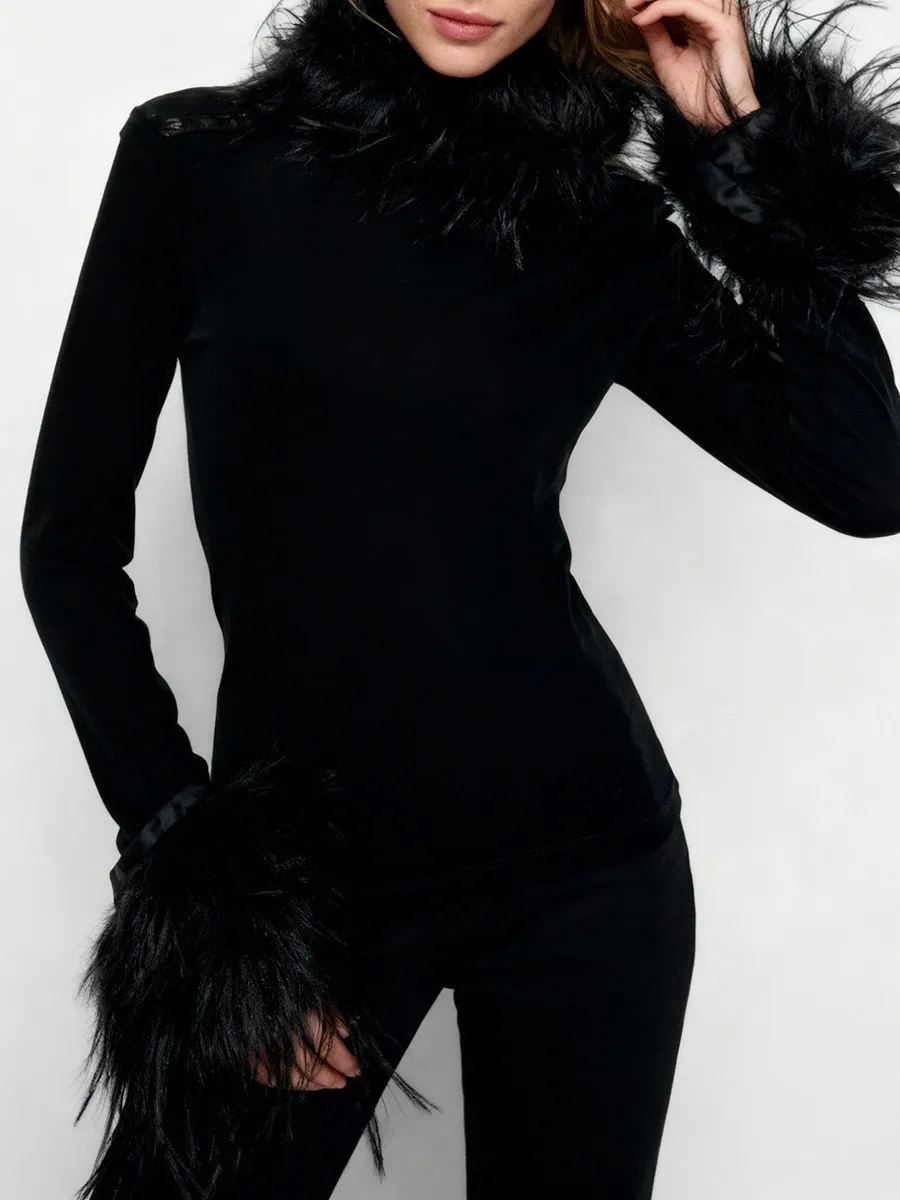 TWOTWINSTYLE Solid Slimming Spliced Feather Fashion T Shirts for Women High Neck Long Sleeves Elegant T Shirt Female Autumn New