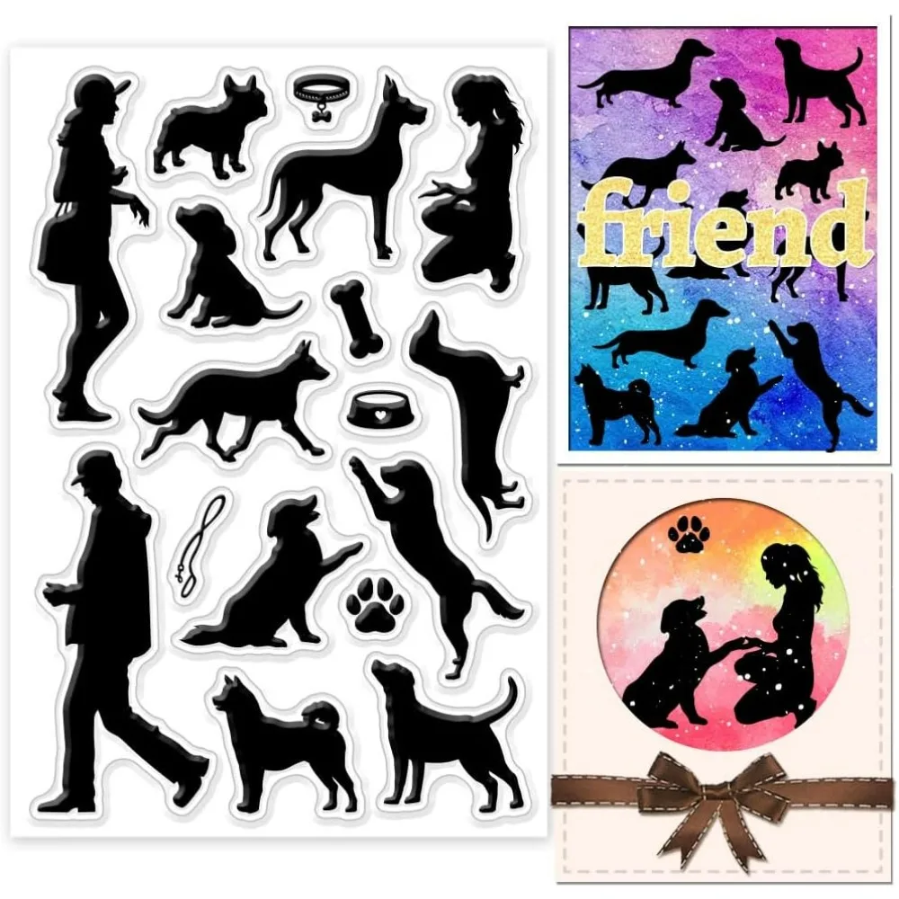 Woman Man Walking Dog Clear Stamps for DIY Scrapbooking Characters Silicone Stamp Seals Dog Paws Transparent Stamps for Cards