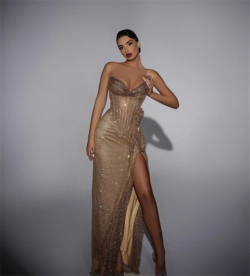 

Luxury Golden Women Prom Dress 3D Flower Sexy Sweetheart Sleeveless Side Split Long Banquet Party Gown Formal Prom Birthday Robe