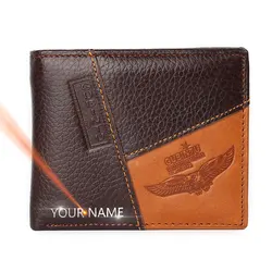 Genuine Leather Men Wallets Coin Pocket Zipper Name Engraving Men's Wallet Coin Pocket High Quality Male Purse Eagle Cartera