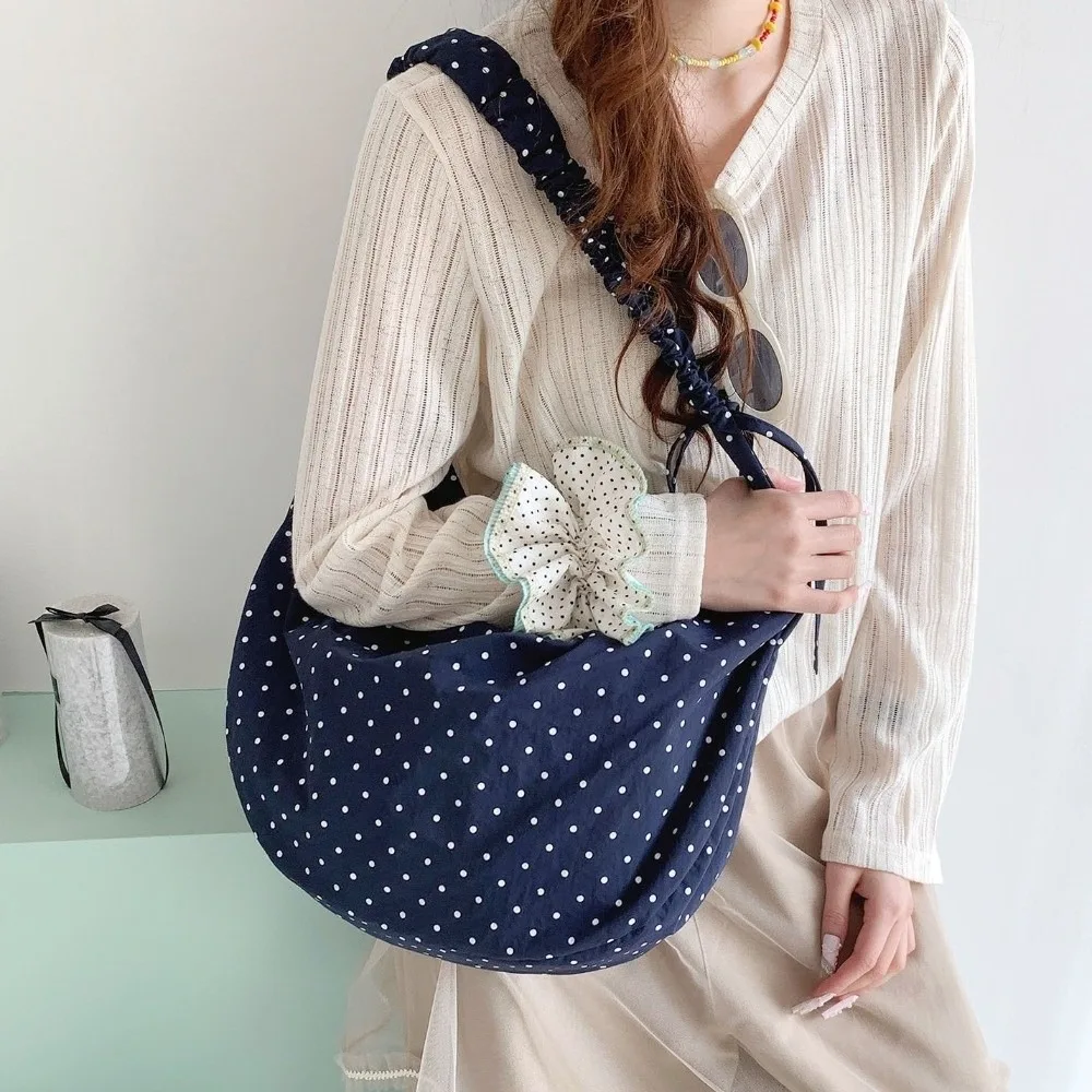 

Adjustable Polka Dot Nylon Crossbody Bag Korean Style Drawstring Pleated Shoulder Bag Ballet Style Lightweight