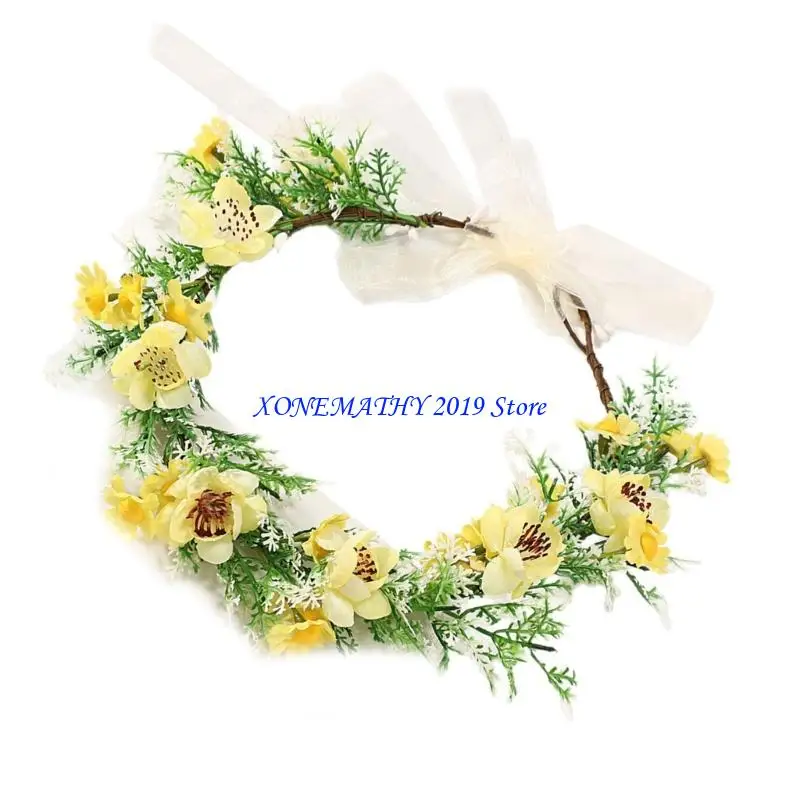 

F42F Bohemian Floral Headbands Fabric Plastic Grass Ribbon Hair Accessory For Women Kids