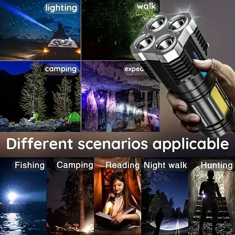 Senter 4LED Daya Tinggi dengan 3 Mode Pencahayaan Tahan Air Lampu Samping COB Lampu Sorot Alat Berkemah Portabel Dapat Diisi Ulang