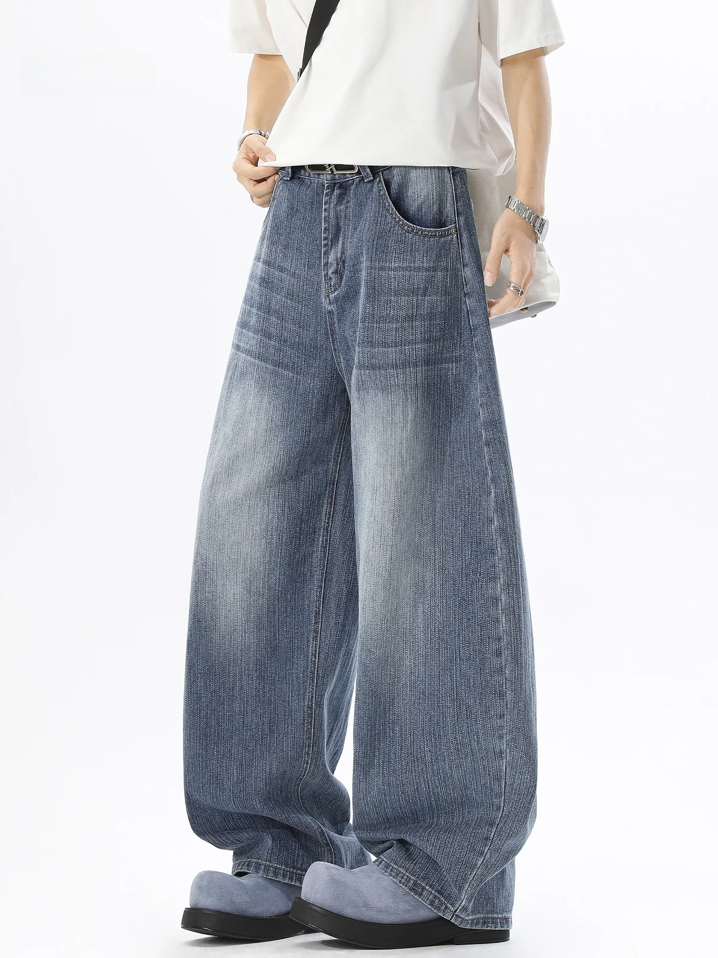 

Мужские широкие джинсы из бамбукового волокна American Waed, осенне-зимние, свободного прямого кроя, модные городские джинсы-трубы