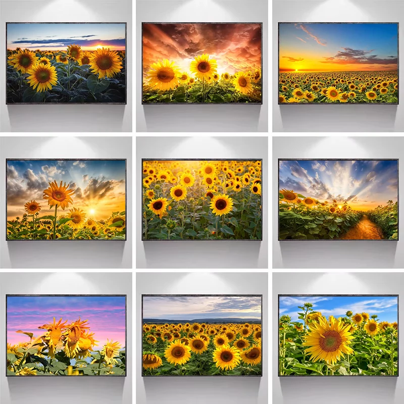 Modern Sunflower Field At Sunset Sunshine Landscape Art Posters Canvas Painting And Prints Pictures for Living Room Home Deco