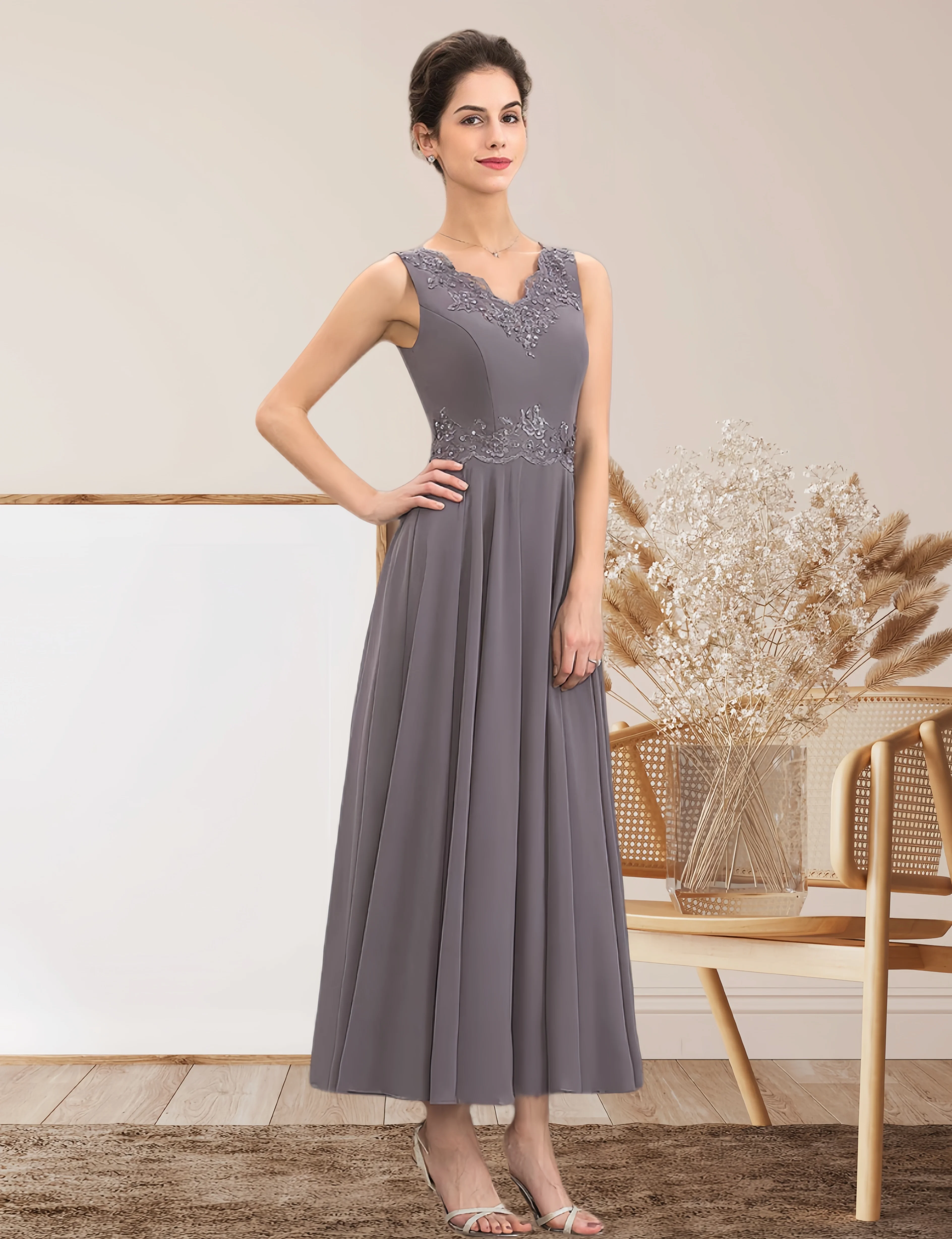 LinasBridal A-Line Wedding Guest Dresses Elegant Dress Formal Tea Length Sleeveless V Neck Chiffon with Appliques Beading 2024