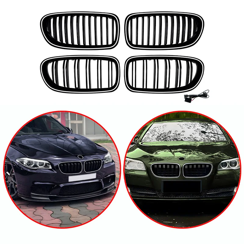 For BMW 5 Series F10 F11 2011-2017 High Quality ABS Single Line & Double Lines LED Kidney Grille Front Racing Grills Gloss Black
