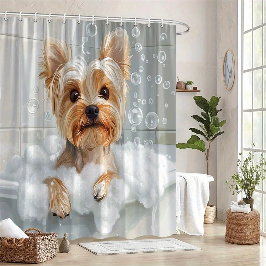 

1pc Yorkshire Terrier Bubble Bath Shower Curtain -Playful Dog Design, Whimsical Bathroom Decor,Polyester Fabric