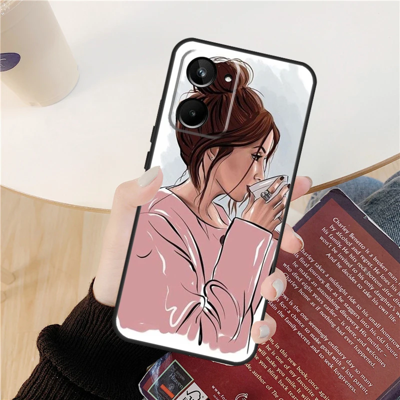 حافظة قهوة الأميرة أنثى بوس لهاتف Realme 14 12 10 11 13 Pro Plus GT 6 6T 5 GT7 Pro C61 C55 C51 C21Y C25S C67 C75 C53