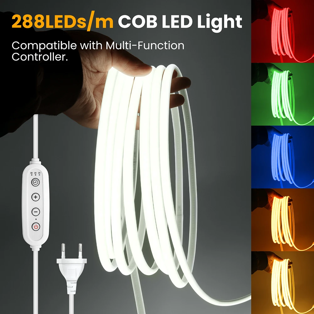 10 Colors Dimmable 220V COB LED Neon Strip 288 Light with Switch Timer Waterproof Backlights for Kitchen Living Room Decoration