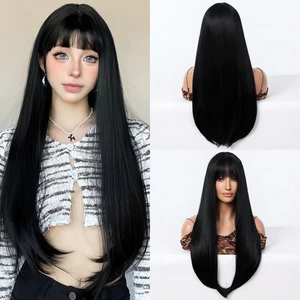Blackwig mit langen Fransen gerade Haarperücken 28 Zoll synthetische Perücke für Frauen Cosplay -Fasern resistent gegen Wärme lolita Perücken 10 Hauptverkäufe synthetischer Gewebe - №5