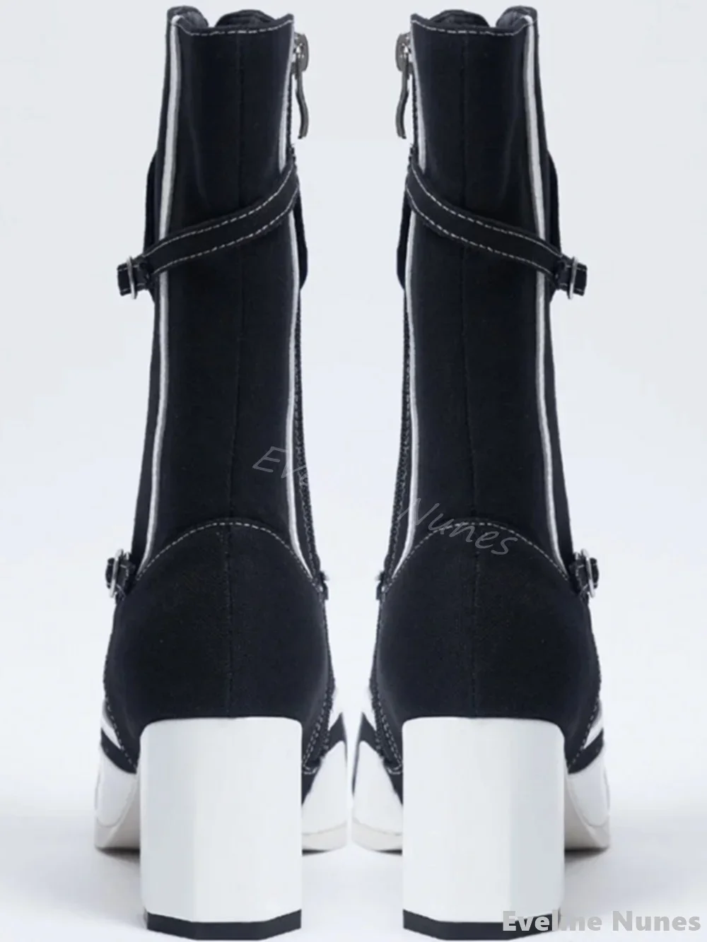 Pointed Toe Chunky Heeled Canvas Boots Women Mixed Colors Cross Tied Side Zipper Retro Mid-calf Boot 2024 Autumn New Modern Boot