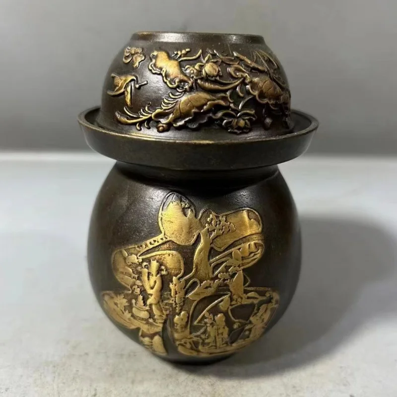 Antique Pure Copper Qing Dynasty Old Wrapped Pulp Gilding Happy Birthday Wine Jar Birthday Celebration Decoration Distressed Jar