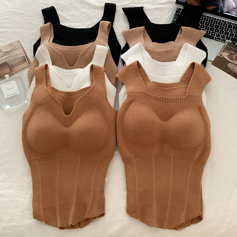 2024 Winter Female Clothes Thick Warm Lamb Plush Fleece Sweater Vest for Women with Bras Chest Pads Lady Strap Top Knit Pullover