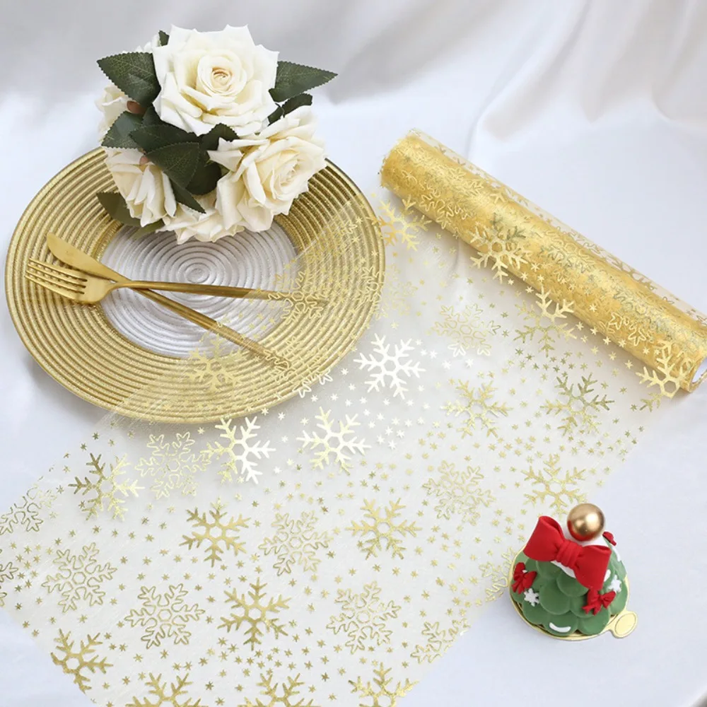 Snowflake Pattern Christmas Foil Table Runner Organza Glitter Tables Cover Rustic Translucent Tablecloth Wedding