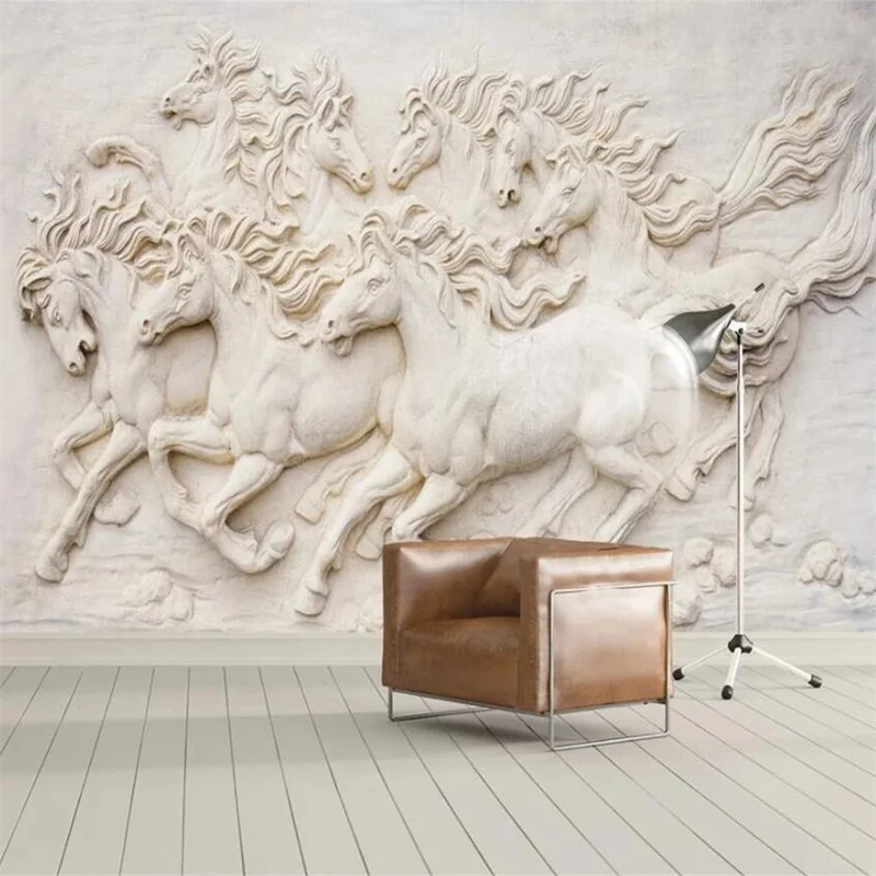 

Custom wallpaper 3D stereo European embossed eight horses background wall horse Living room and bedroom decorative relief murals