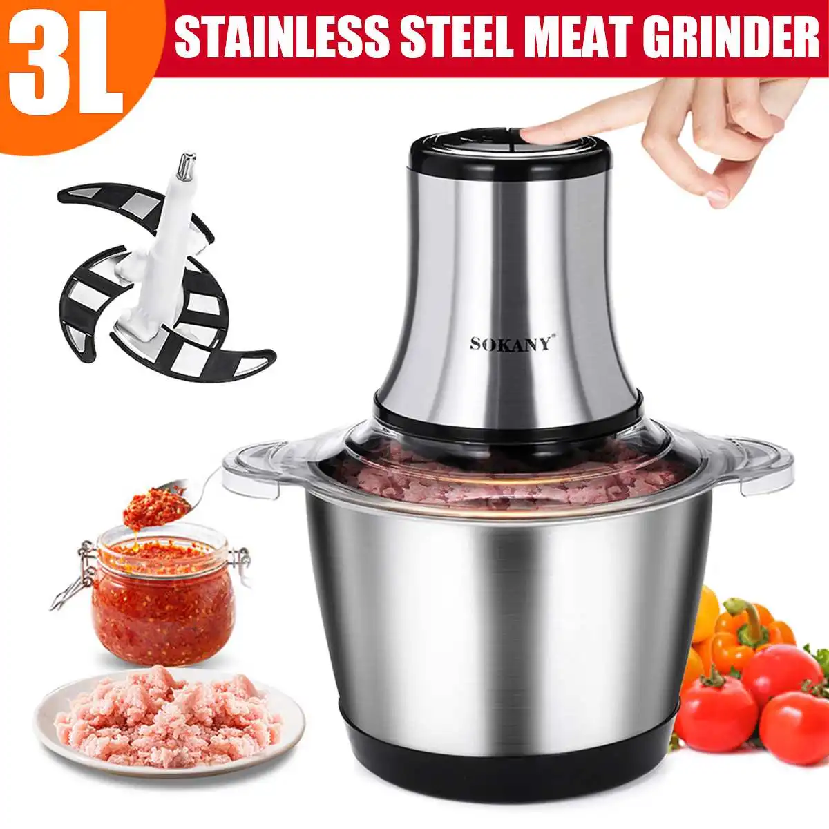 800W 3L Household Small Electric Meat Grinder 2 Speeds Stainless Steel Electric Chopper Automatic Mincing Machine Food Processor