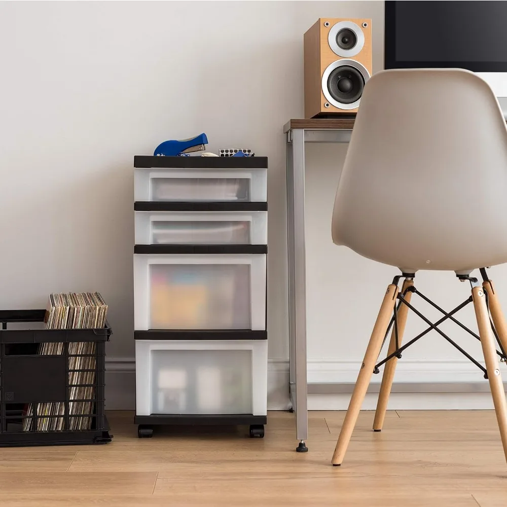 Carro de almacenamiento rodante de 4 cajones con ruedas, organizador de plástico para suministros artesanales, oficina, armario, negro/perla