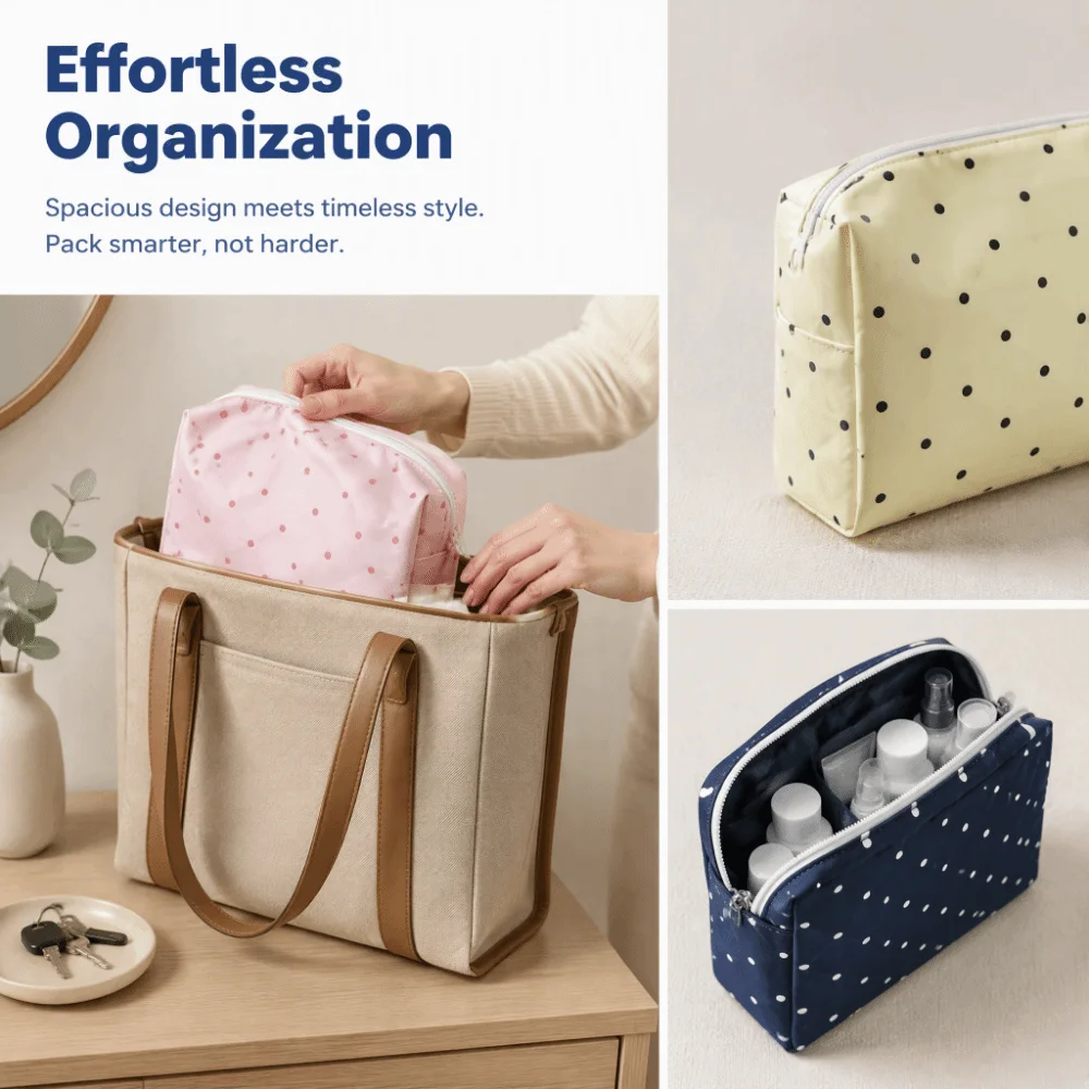 Portable Polyester Cosmetic Bag Waterproof Polka Dot Wash Bag Korean Style Large Capacity Travel Pouch Women