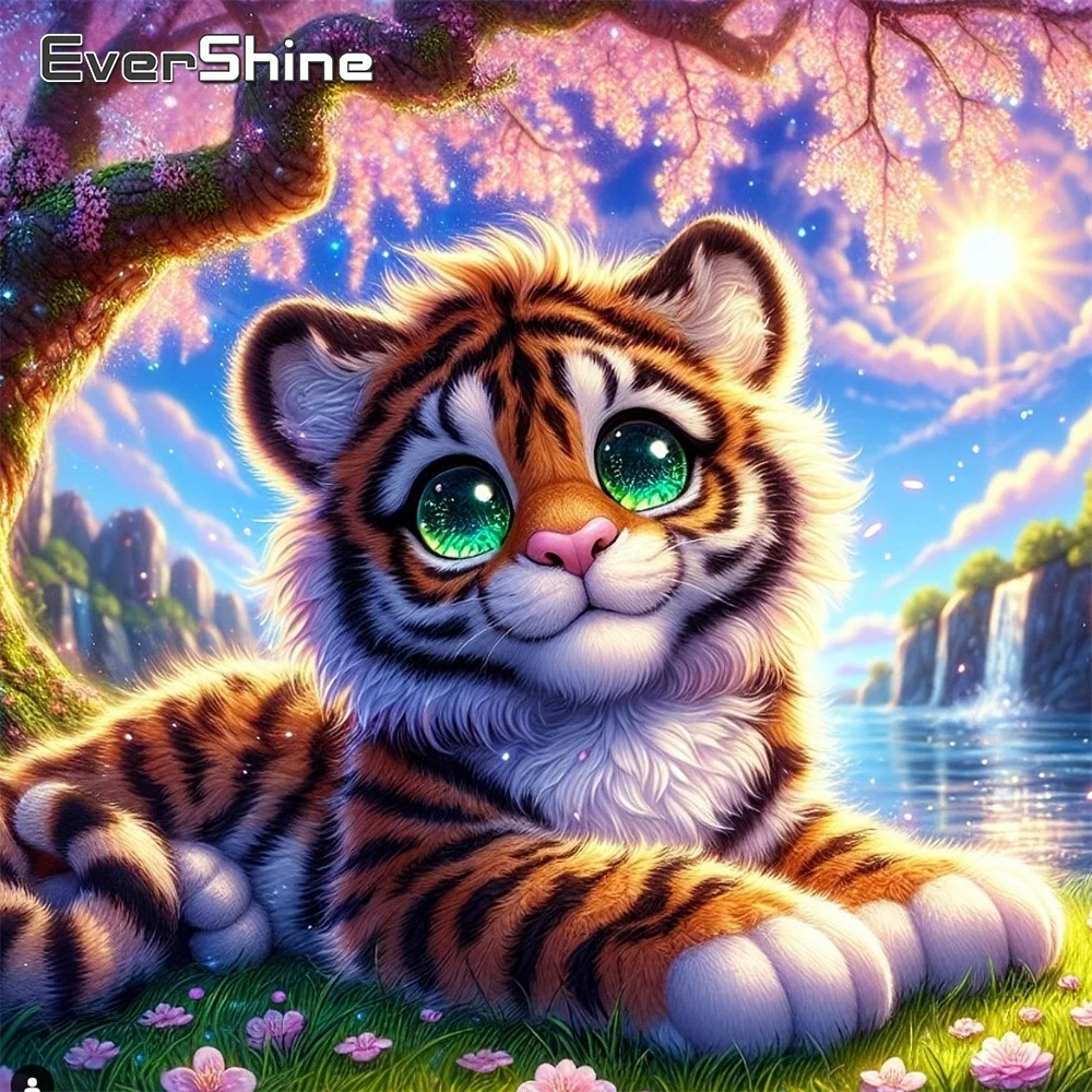 Evershine Diamant-Mosaik-Tigerbild mit Strass-Malerei, Tiermotiv, vollflächige quadratische Stickerei, Wasserfall-Wandkunst