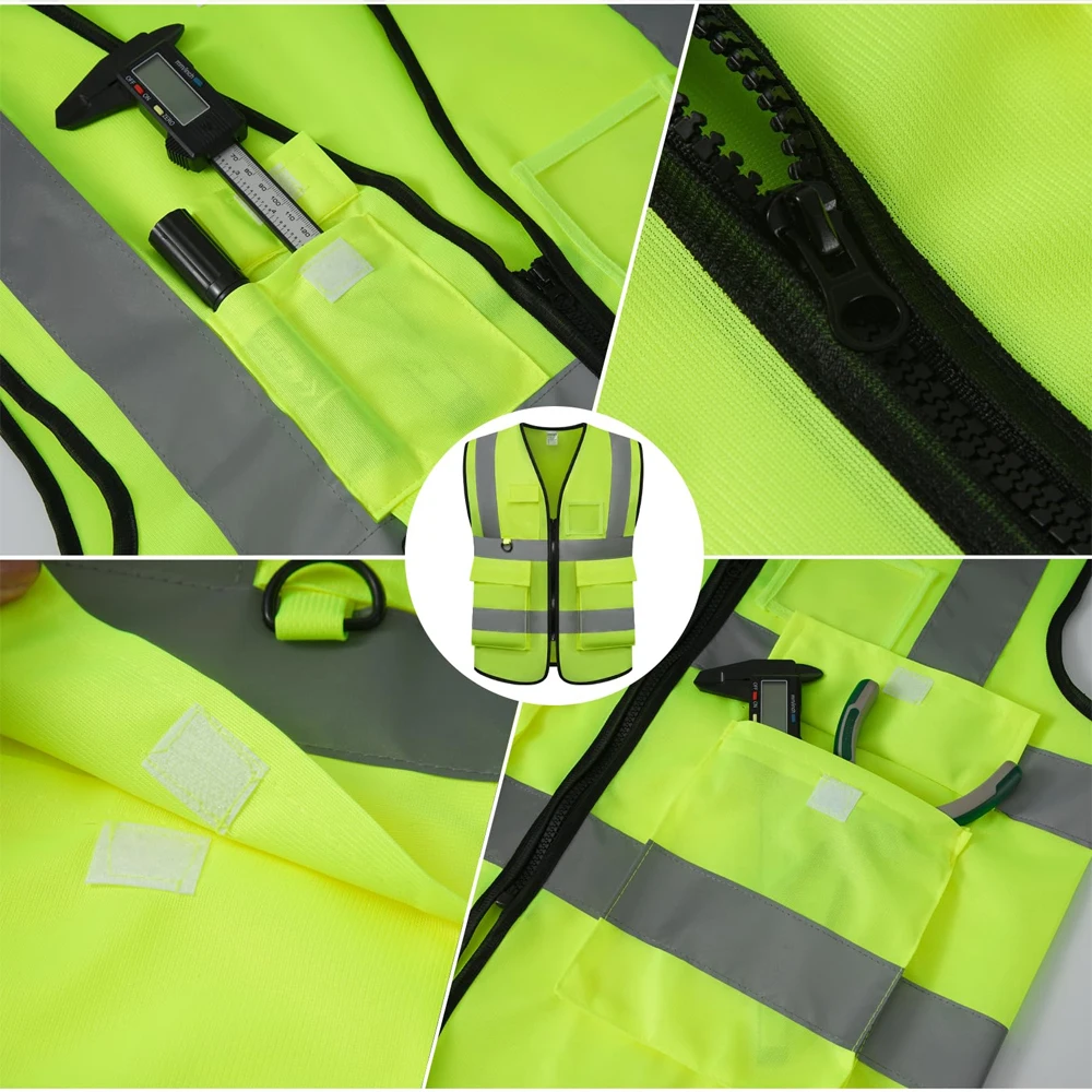 Custom Your Logo Text Reflective Safety Vest Class 2 High Visibility Construction Security Working Clothes with Pockets Zipper