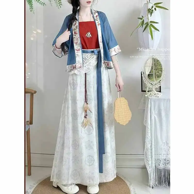 Women's Ancient Chinese Hanfu Set 3 Piece Traditional Song Dynasty Style with Red Camisole Green Pants Summer Suits