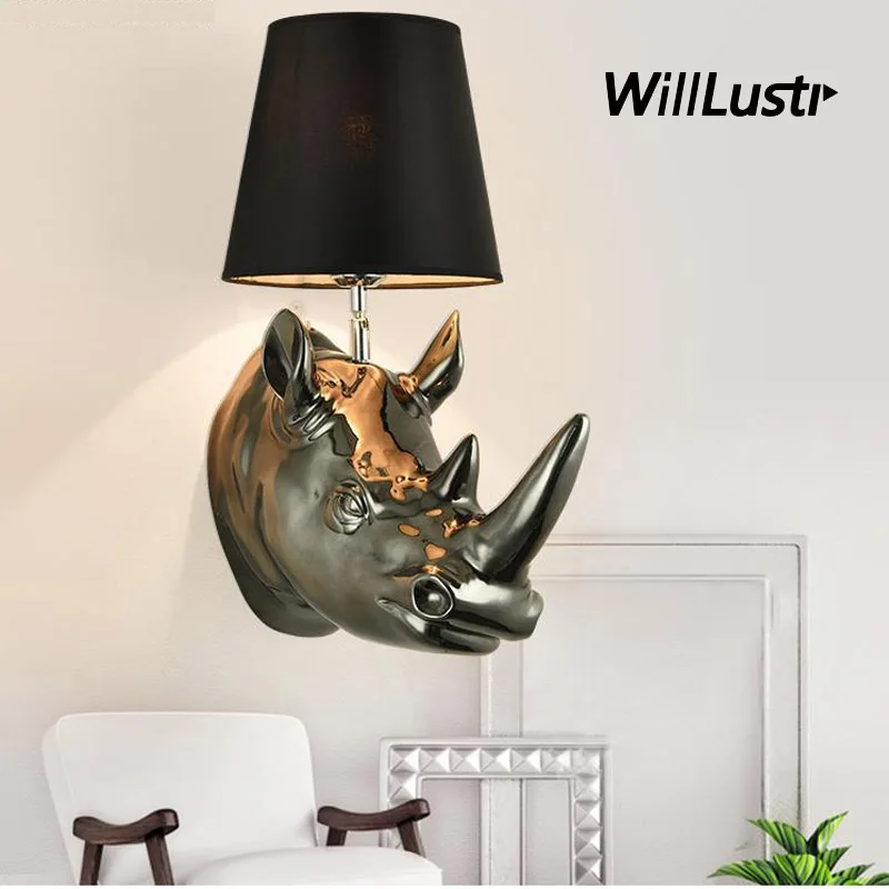 Resin Rhino Wall Lamp Fabric Shade Sconce Hotel Cafe Bar KTV Bedside Living Room Modern White Black Gold Silver Lighting