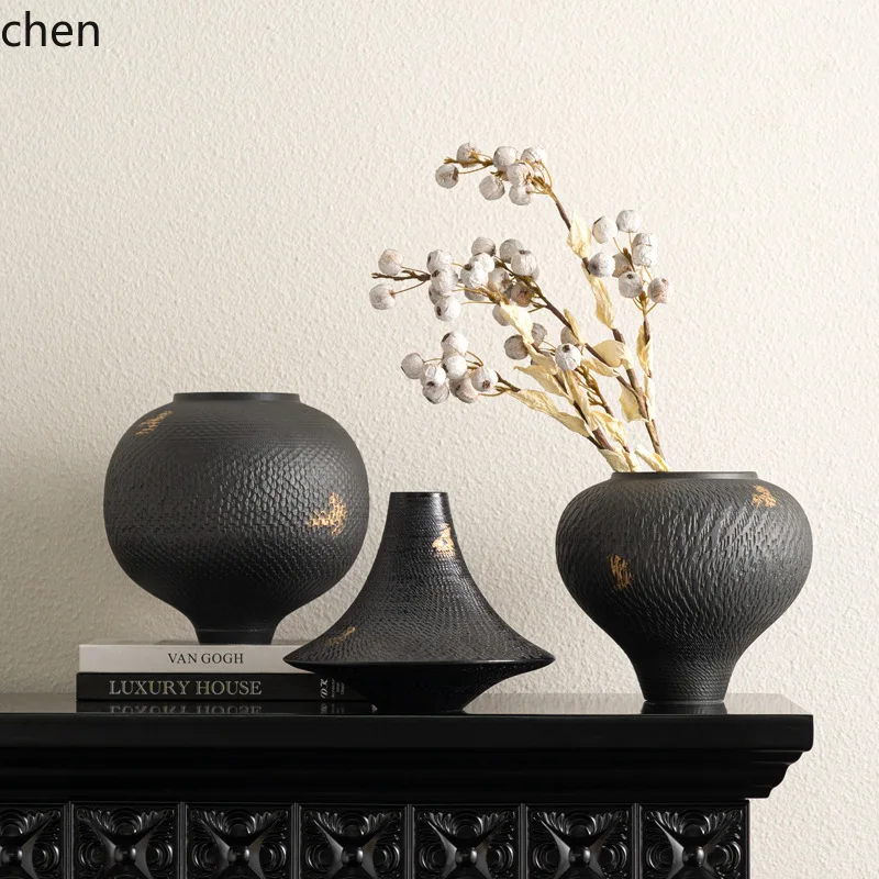 CZ Textured Ceramic Soft Decoration Ornament Vintage Living Room Entrance Niche Art Dried Flower Vase
