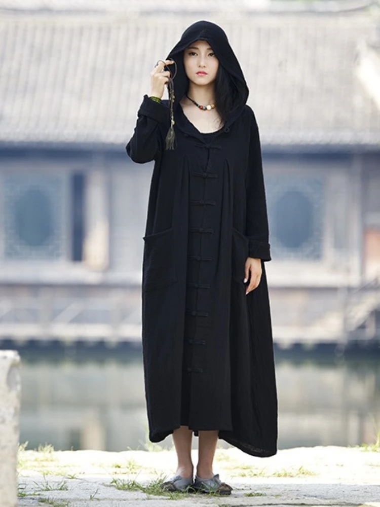 Spring Summer Cotton Linen Women's Clothing New Retro Harajuku Hooded Trench Coat Lightweight Long Robe Cape Outerwear Jacket