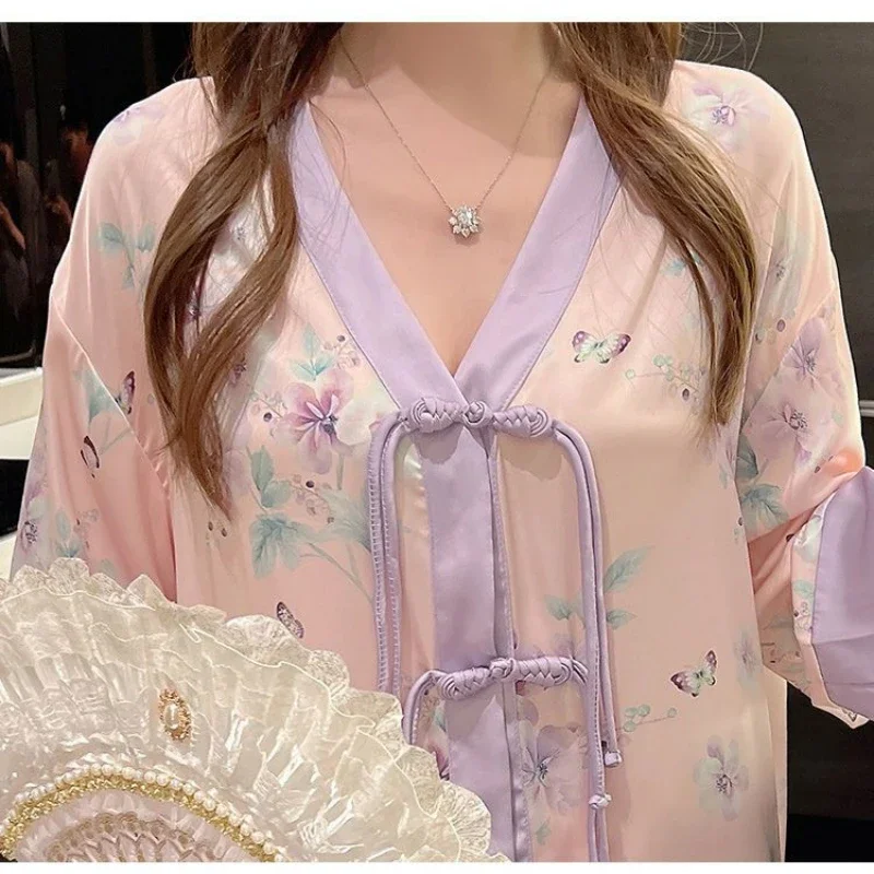 Women Ice Snow Silk Pajamas Spring Autumn Female Long Sleeve Thin Nightclothes Suit High-Grade Buckle Floral Casual Homewear